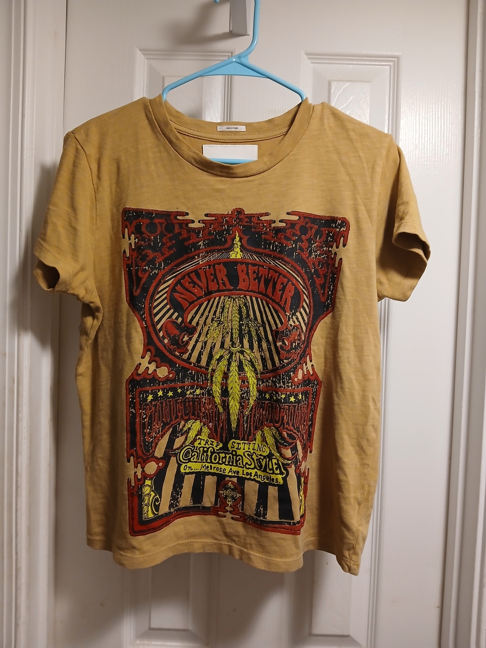 Mother Mustard Graphic Tee with Red & Black Vintage Poster Print Sz.S/M
